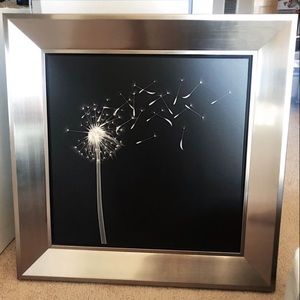 Large 25x25” Square Black and White Photograph Dandelion Flower in Silver Frame